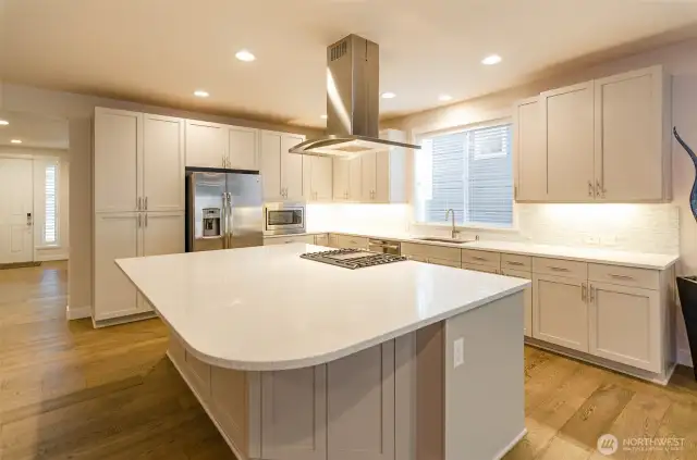 High end appliances with gas cook top and range hood.