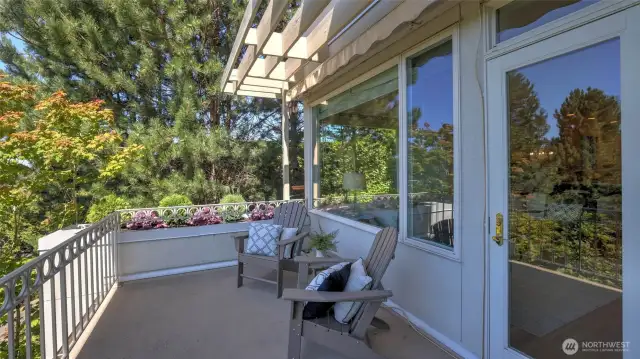 A view deck with a retractable awning, perfect for morning coffee, evening wine, or al fresco dinners under tree-filtered skies.