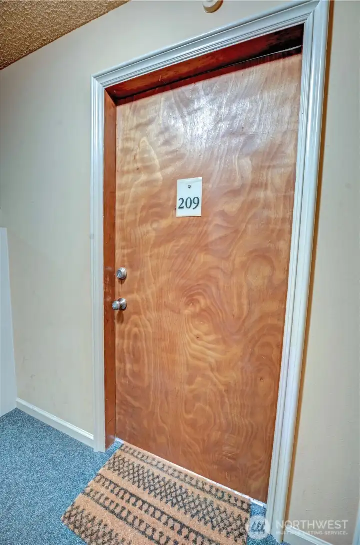 Door to unit 209 -- interior entrance to unit.