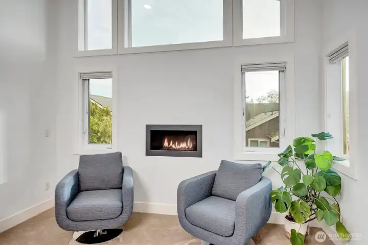 A cozy sitting area with fireplace, and large windows that bring in abundant natural light.