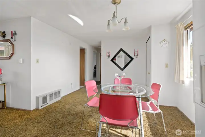Dining room looking down hallway to bedrooms.