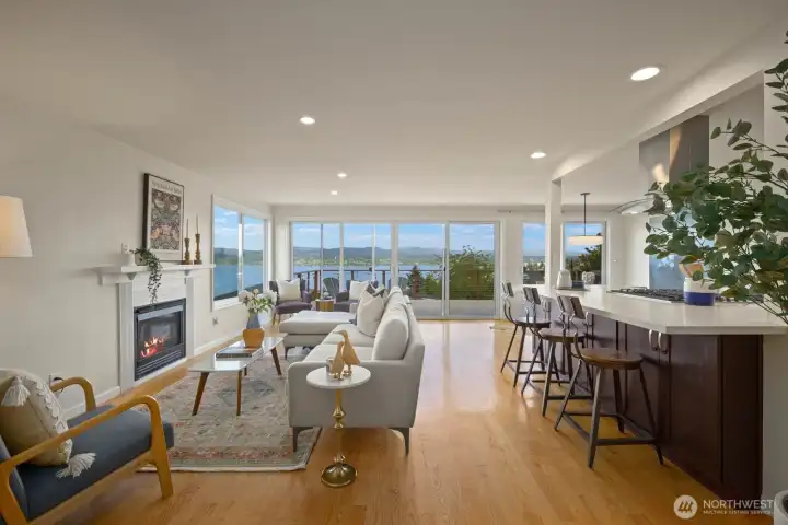 Views from every angle of the living, dining, and kitchen.