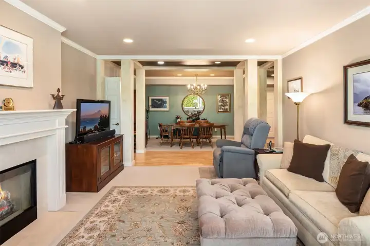 Living Area to Dining Area - Professional Interior Design Defines Separate Spaces While Unifying Style and Flow Between Them