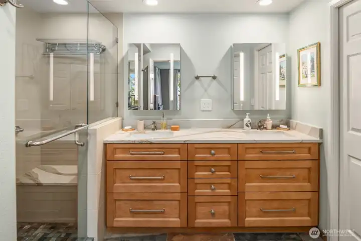 Posh primary bath with spa-like features:  Robern medicine cabinets each with LED lights and a magnetic bar to hold small tools; slab quartz counters with dual undermount sinks; grab bars plus in-shower towel rack; dual shower heads including a rain shower and a hand-held, adjustable-height wand; built-in bench seat; and, lighting upgrades including floor-level night lights.