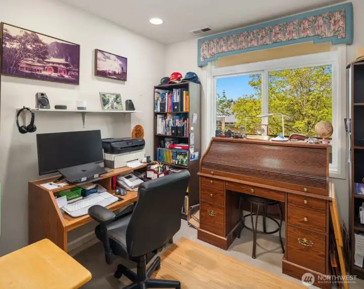 Third bedroom is in use as a home office.  Check the floorplan to see that there is a closet inside this room, but its door opens into the hall.