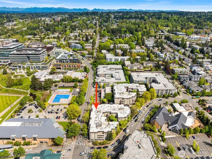 This aerial shows proximity to Kirkland Performing Arts Center and Kirkland Urban (past the pool on the left) and to Google Feriton (big white building in the upper right corner).