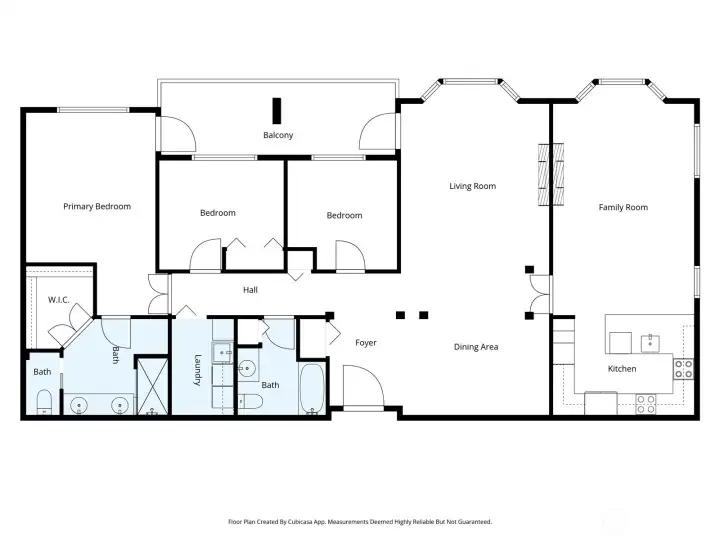Floorplan Plaza on State Condo - The two large gathering spaces (the living/dining areas and the family/kitchen areas) share a double-sided gas fireplace and have a set of French doors between them.  The closet in the non-conforming third bedroom opens to the hall.  There are two storage areas outside the unit that are not depicted on this floorplan.