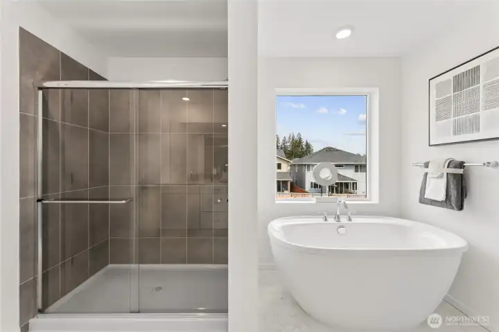 Spa like tiled shower and stand alone tub. Spa like tiled shower and stand alone tub.