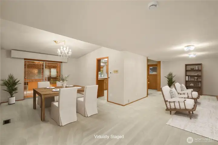 Virtually Staged dining and living area.  Still room for a china hutch or buffet.