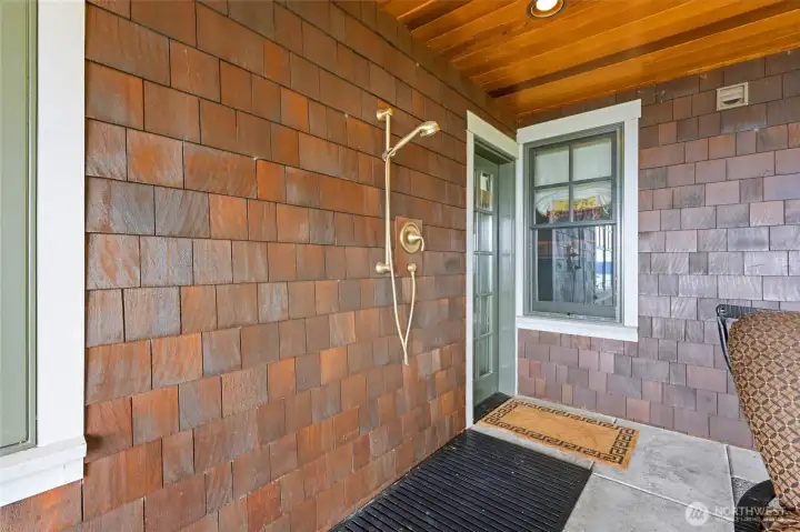 Outdoor shower on lower patio