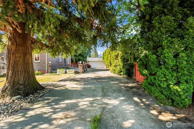 Long driveway leads to detached 2-car garage.