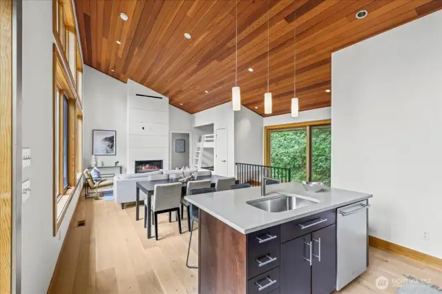 Cedar ceilings add warmth to this modern open concept design