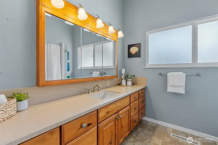Main level hall bath is spacious and shareable! Expansive counter, plenty of storage, and full size shower with tub.