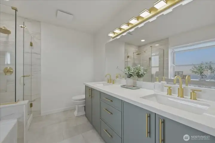 Beautifully remodeled primary bathroom featuring quartz countertops, custom cabinetry, heated tile floors, high-end fixtures and lighting and a frameless glass shower.