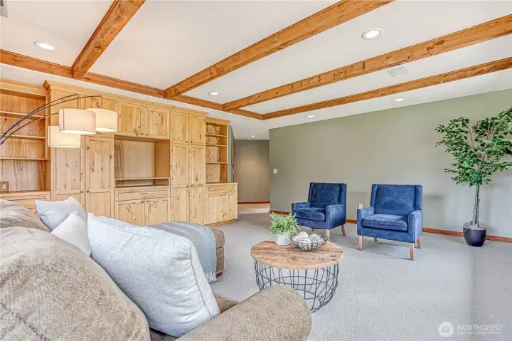 Family Room with wood beams