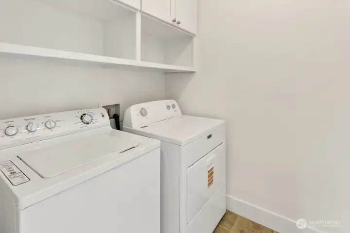 Convenient laundry area tucked away with ample pantry space nearby for all your household essentials.