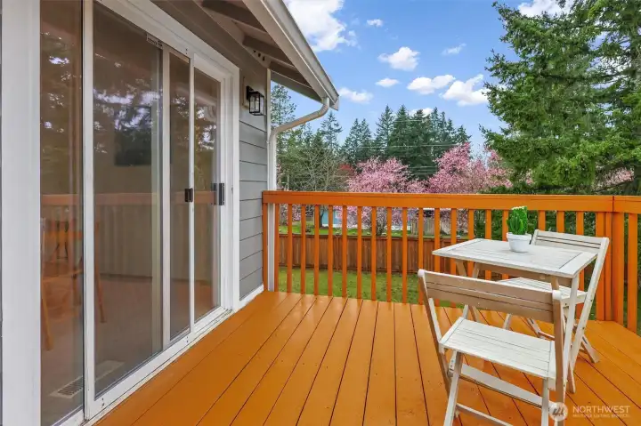 Cedar deck off dining room with access to the humongous flat backyard.