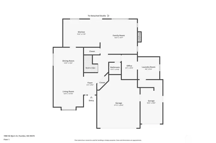 Main Floor showing the garage and the separation to the 3rd bay currently a workshop. The "office" is actually the pantry area outside the laundry.