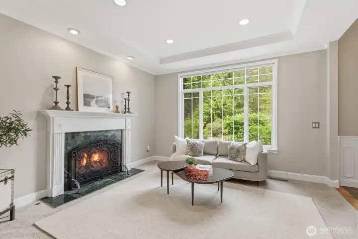 Double crown moldings and recessed lighting. Double crown moldings and recessed lighting.
