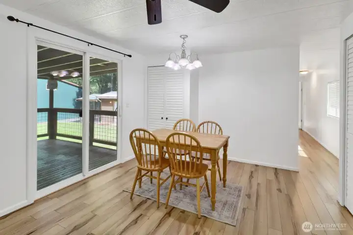 Dining area with easy access to the kitchen and covered deck.