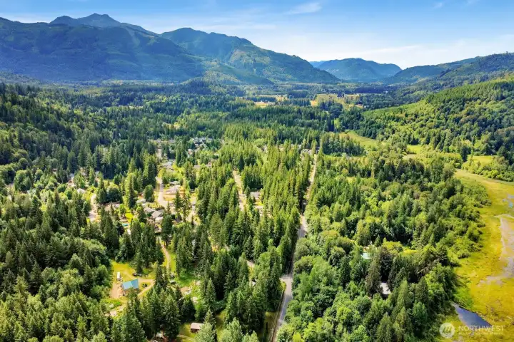 Scenic aerial view highlighting the surrounding mountain and valley landscape near MountBaker recreation.  2