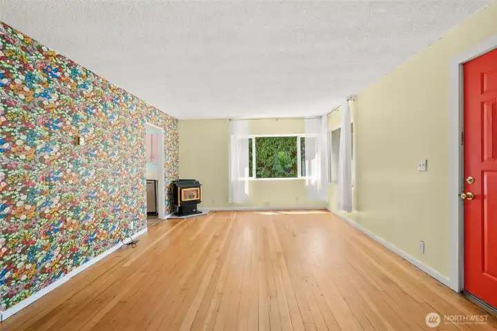 Gas Fireplace, Large windows, plenty of space to entertain.