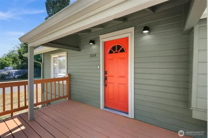 Trendy Red Front Door with Front Patio!