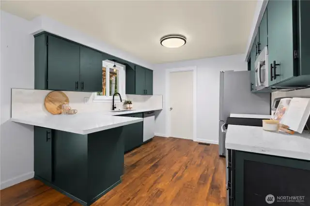 Color drenched cabinets + white quartz countertops