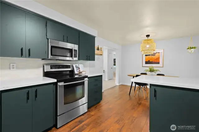 Color drenched cabinets + white quartz countertops