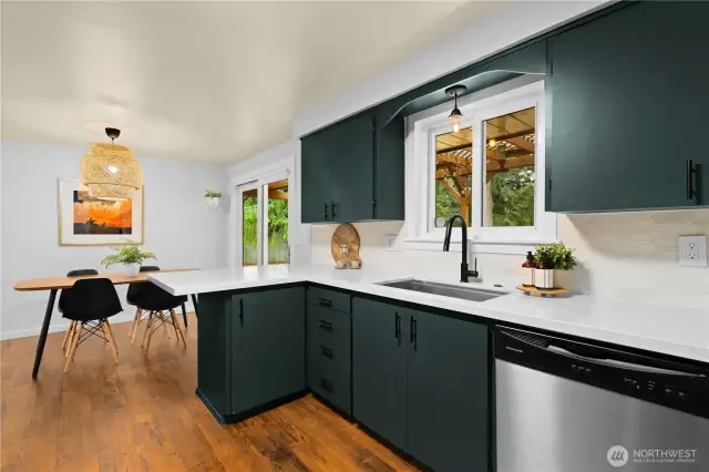 Color drenched cabinets + white quartz countertops