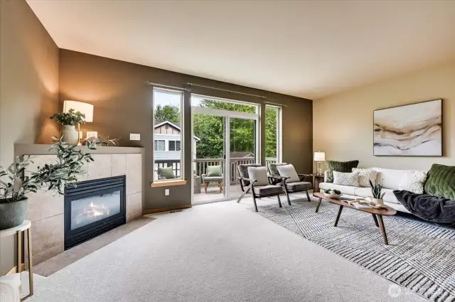 Cozy, corner gas fireplace adds ambiance