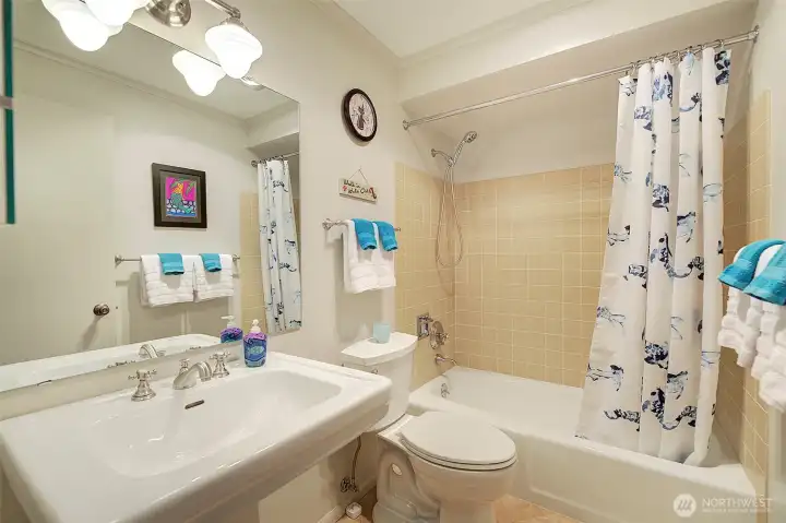 Second bathroom has a tub and new toilet.