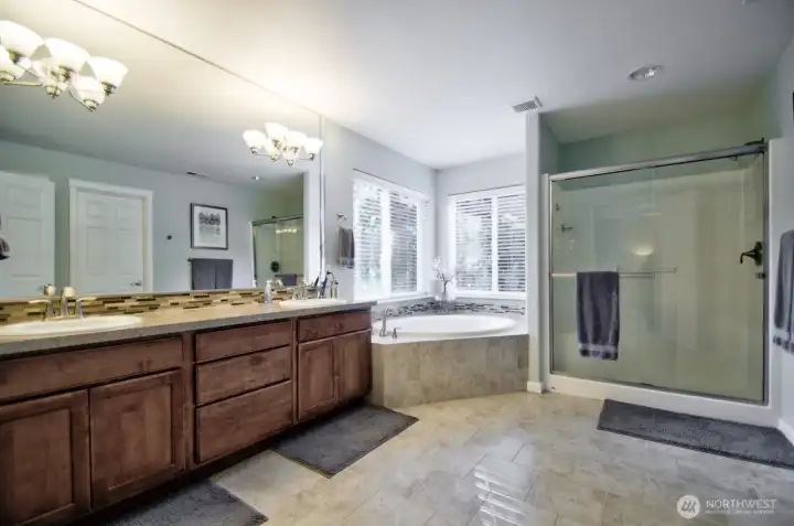 Primary bathroom with dual sinks, soaking tub, walk-in shower, water closet and walk-in closet.
