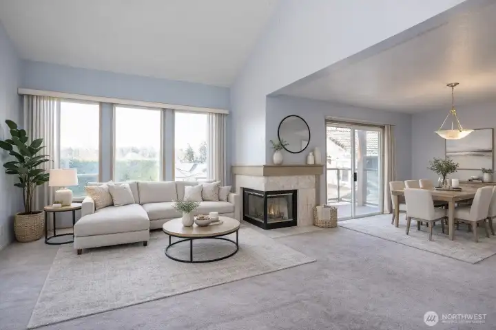 Sunlit living and dining spaces featuring large windows and a charming fireplace for cozy gatherings.