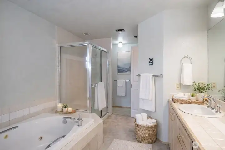 Primary ensuite featuring a relaxing soaking tub and a spacious walk-in shower.