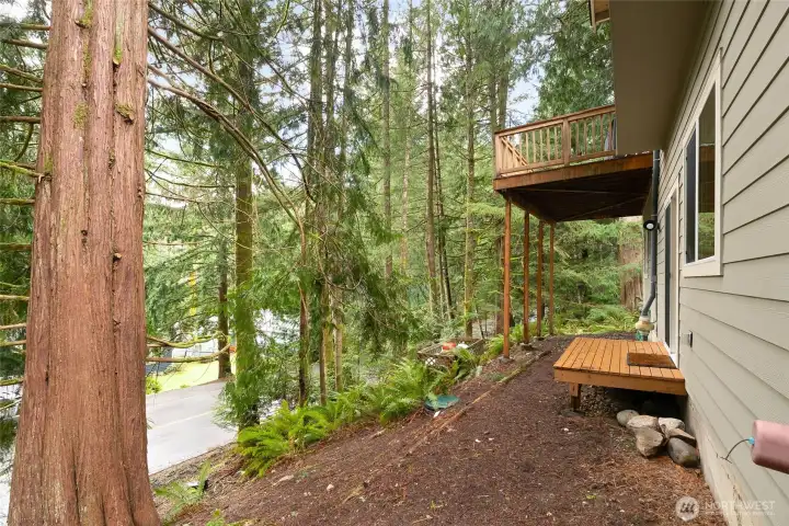 Lower level back side of the house, small deck off slider door.