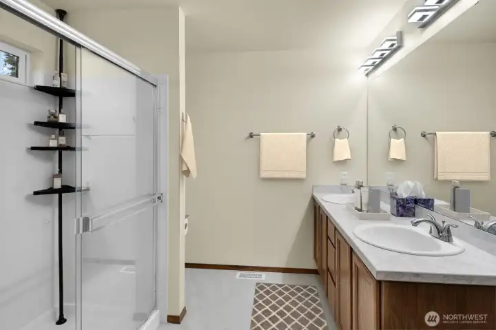 Primary 3/4 Bathroom with Double Vanity - Virtually Staged