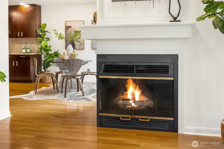 Wood fireplace is so cozy.