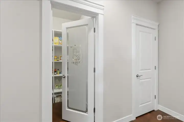 Walk-in pantry and more storage behind the door on the right.