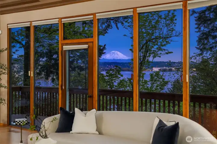 view of Mt. Rainier and the lake from the living room
