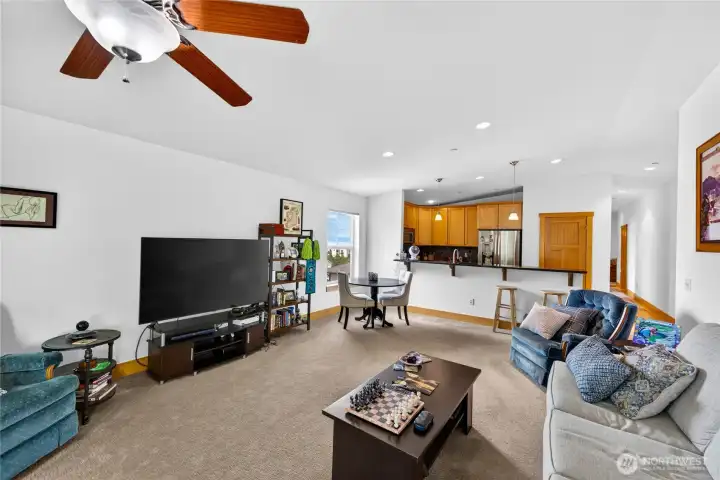 View back towards the open kitchen area.