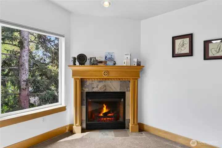 Cozy gas fireplace with mantle.
