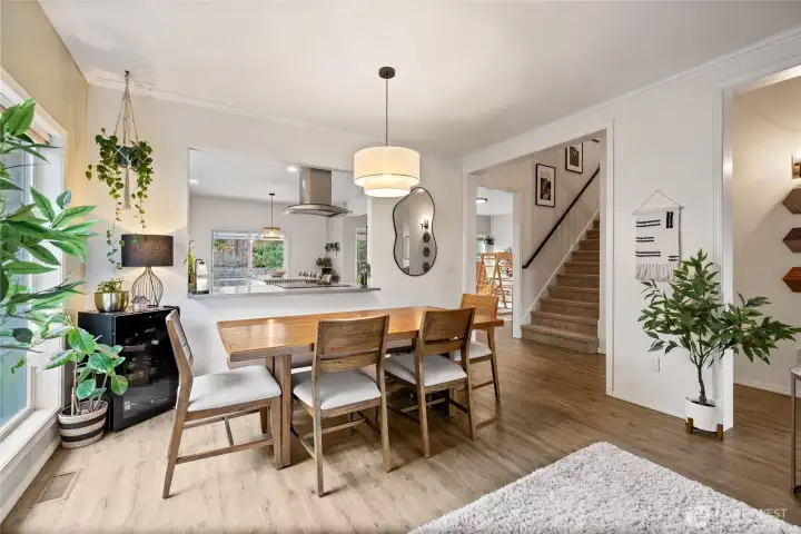 Designed with entertaining in mind, the pass-through bar allows easy conversation and connection between the kitchen and dining room.