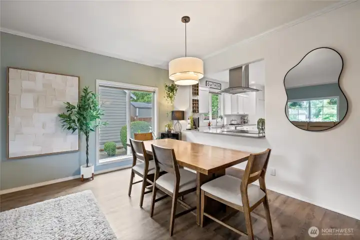 The spacious dining area is ideal for hosting holiday meals, dinner parties, and everyday dining.