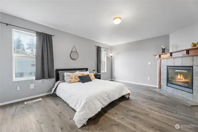 Primary bedroom with fireplace, bath and walk-in closet