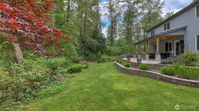 Step into your private backyard oasis with ample lawn space and mature trees providing a serene, natural backdrop