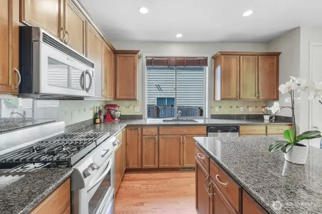 The kitchen features granite countertops, stainless steel appliances, and high ceilings.