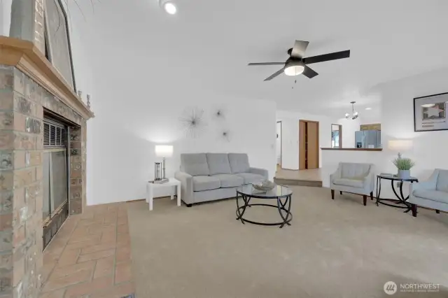 Big family room with new ceiling fan