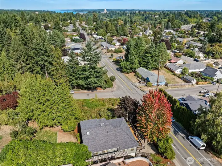 A birds eye view of the easy life on Tumwater Hill and the home in the foreground.  Hope over to Budd Inlet and downtown urban fun, Westside shops, and easy access ramps to I-5 and 101 commutes.  Rare location and rare home.