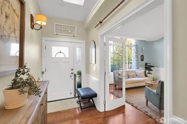 Bright and welcoming with natural light from skylights.